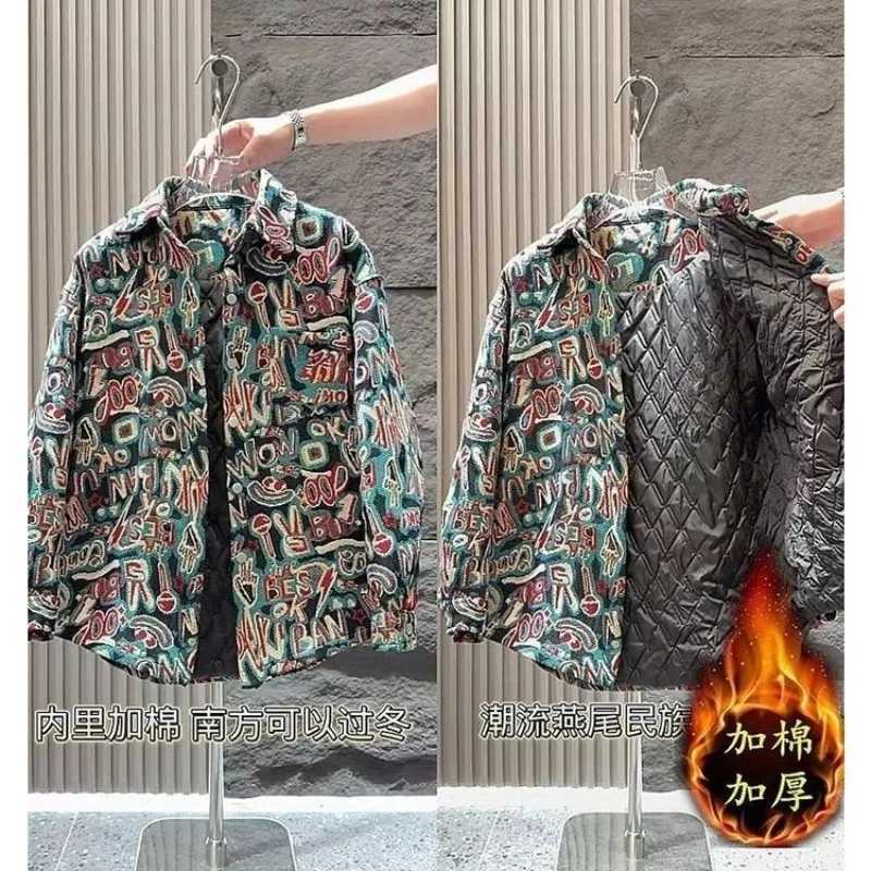 Cotton-thickened Fashion Printed Casual Jacket for Mens Fashionable Versatile Loose Lapel Jacket Top M260309