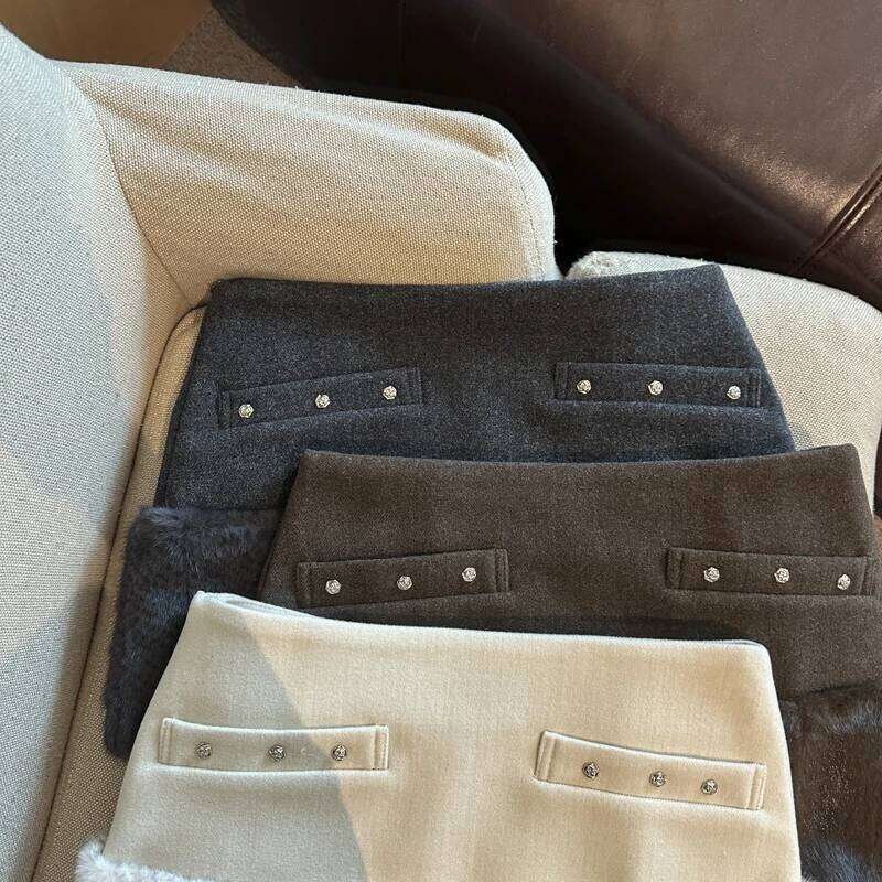 Women's Autumn Winter Faux Fur Patchwork Wool&blend Short Lady Streetwear High Waist Slim Mini Skirt XJ260309