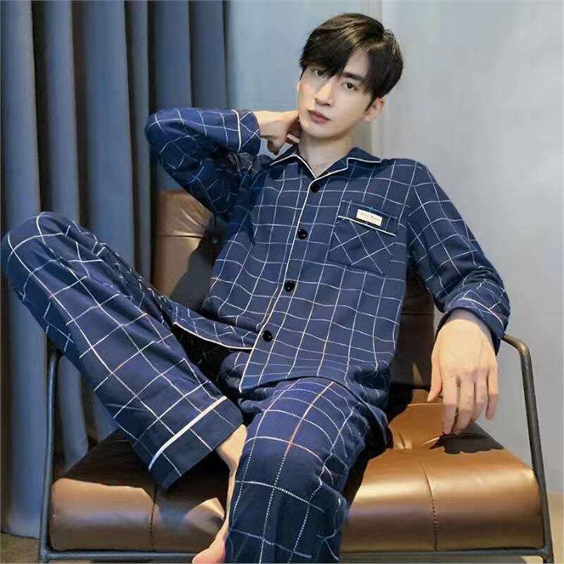 Men's Pajamas Spring Autumn, New Pure Cotton Cardigan With Sleeves And Long Pants, Korean Style Casual Home Set Suitable For Outdoor Wear