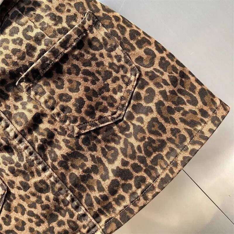 2025 Summer New American Fashion Women Elastic Coffee Leopard Print Denim Hip Hot Girl Patch Small Short Skirt XJ260309