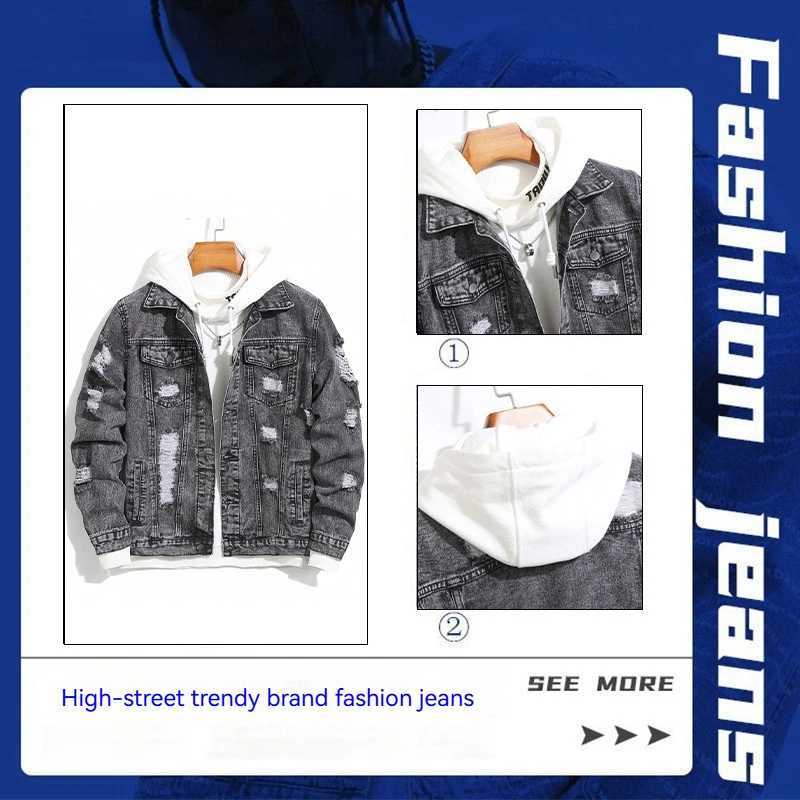 Mens Distressed Denim Jacket Korean Style Loose Fit Casual Coat Trendy Oversized Boyfriend Jean Jacket for Spring Autumn M260309