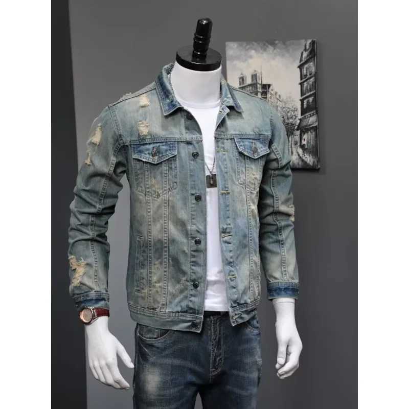 Men Denim Jackets New Youthful and Handsome Top Fashionable Loose Casual Jacket Lapels Pockets Spliced Designs Break Hole Coats M260309