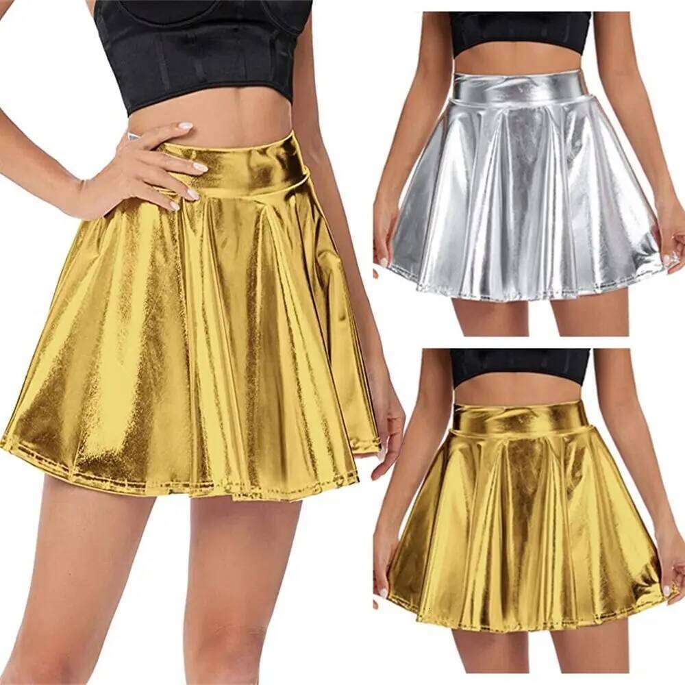 Elegant Metallic Pleated Gold Silver Flared Design A-line Solid Color Retro Girls Short Mini Skirt Clubwear XJ260309