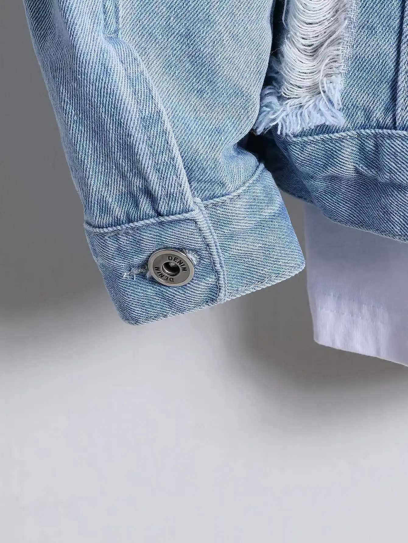 Mens denim jacket for spring and autumn Light blue ripped denim jacket Street trend style Daily casual M260309