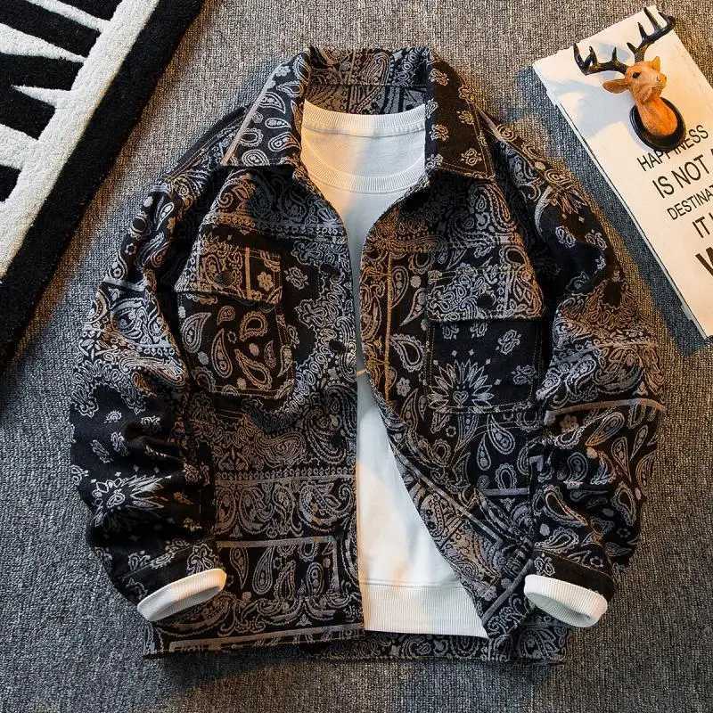 Cashew Flower Denim Jacket Mens Spring and Autumn Handsome Loose Casual Tops Classic Lapel Design Single Breasted Pockets Coats M260309