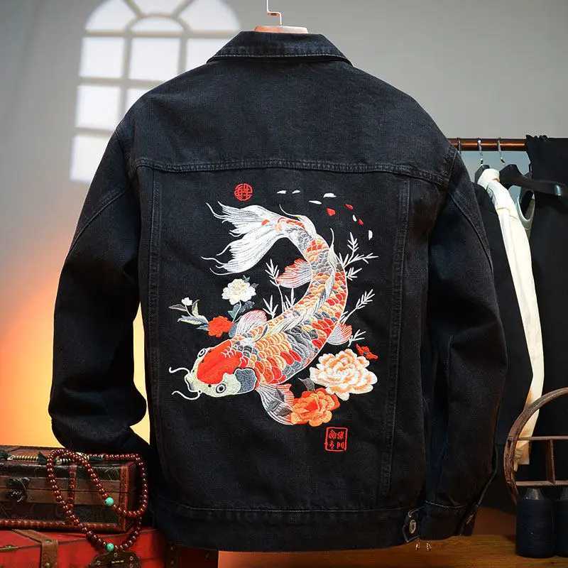Denim Jacket Man Vintage Embroidery Jeans Jacket Women Chinese Brocaded Carp Original Denim Coat Fashion Streetwear M260309