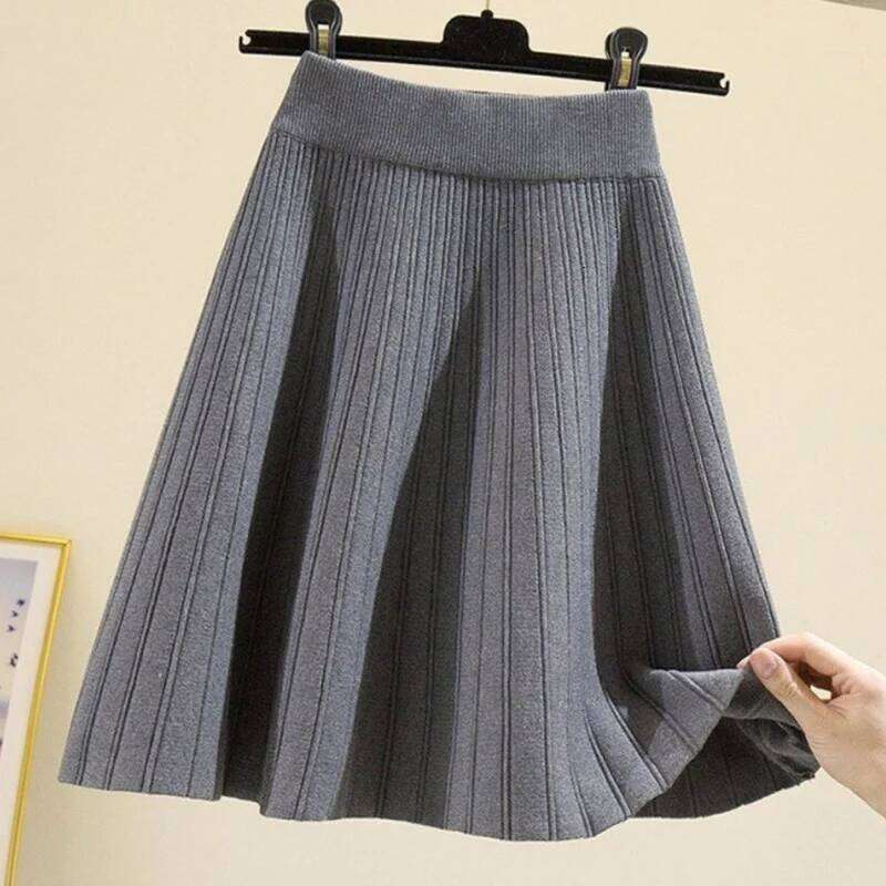 Fashion Elastic High Waist Knitting Women All Match Solid Color A Line Pleated Skirt Woman Trend Mini Skirts Female XJ260309