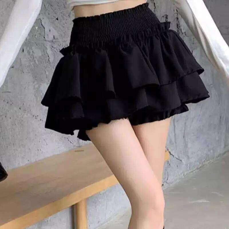 Womens Shirred High Waist Tiered Ruffle A Line Short Skirt Japanese Ballet Styles Layered Skater Skort with Bloomers XJ260309