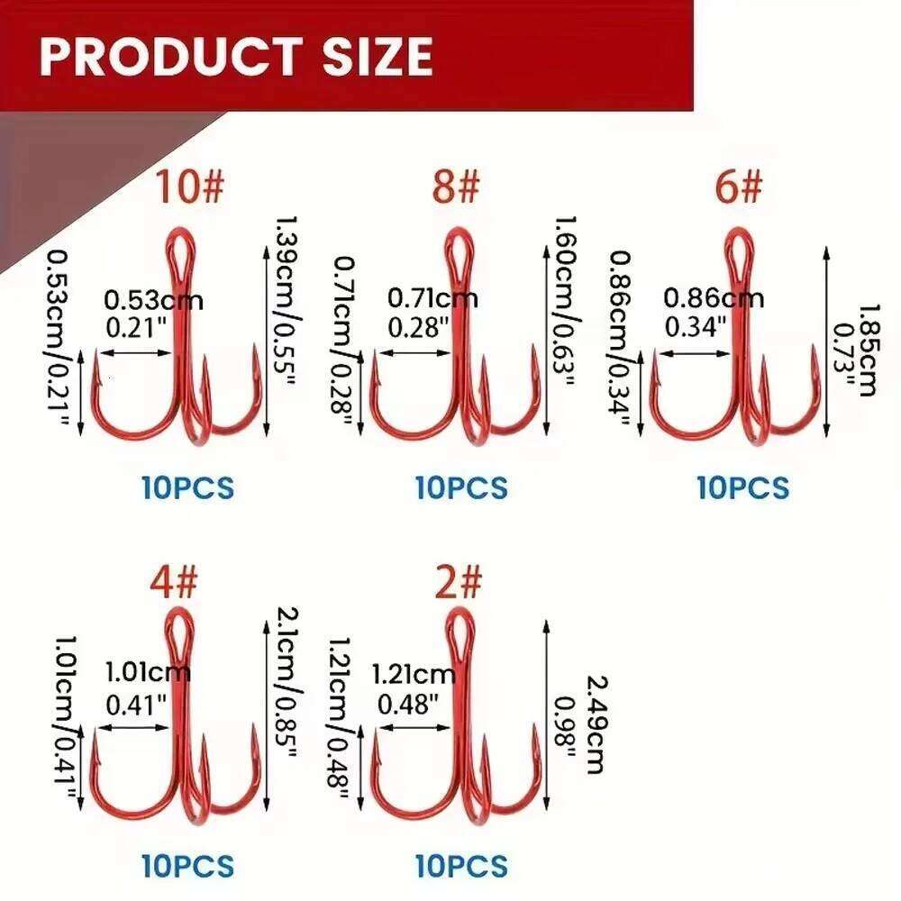 50-Piece Treble Hook Set, High-Carbon Steel Hooks, Strong Sharp, Round Bend Design, Suitable for Artificial Lures, Saltwater and Freshwater Fishing S2