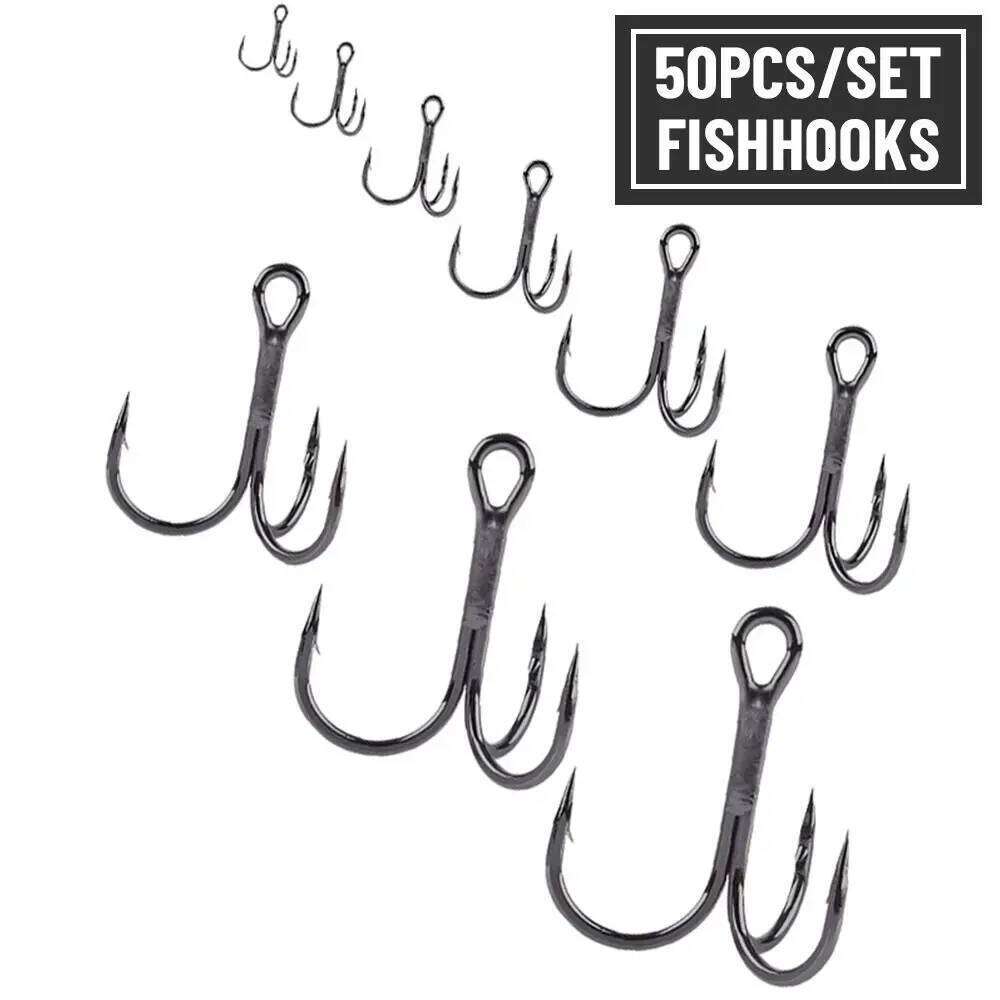50Pcs Black Nickel Super Sharp Fishhooks Treble High Carbon Steel Matte Tin Hooks Fishing Tackle S260305