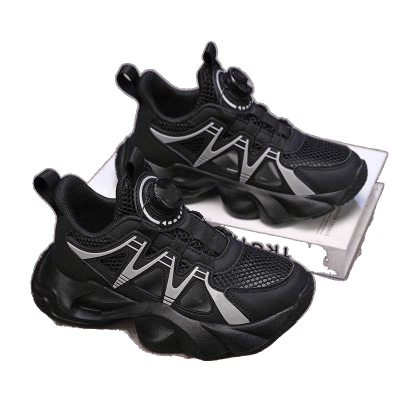Free shipping Kids Breathable Mesh Sneakers Boys Rotating Buckle No Tie Laces Black white Non-slip Casual Chunky Shoes Spring and summer