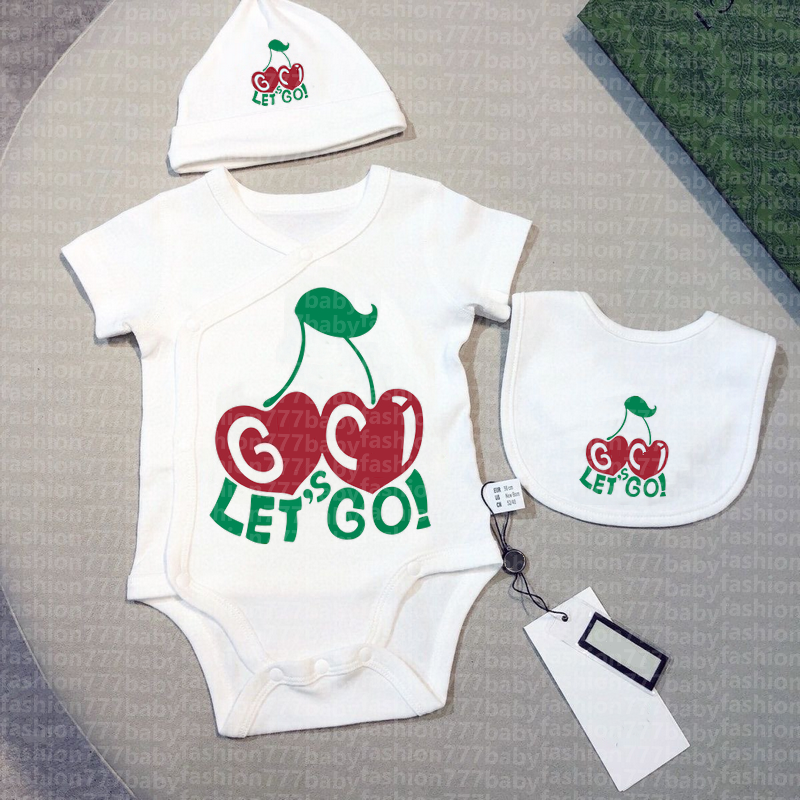 In stock Infant 100%cotton baby Rompers boy girl kids designer newborn Newborn short sleeves Slant buckle pajamas jumpsuit hat bib 3 piece set