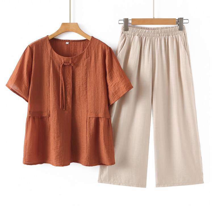 Middleaged Moms Summer Casual Fashion Tshirt Set 2025 Style for Middleaged and Elderly Agereducing Loose Slimming Top 210603