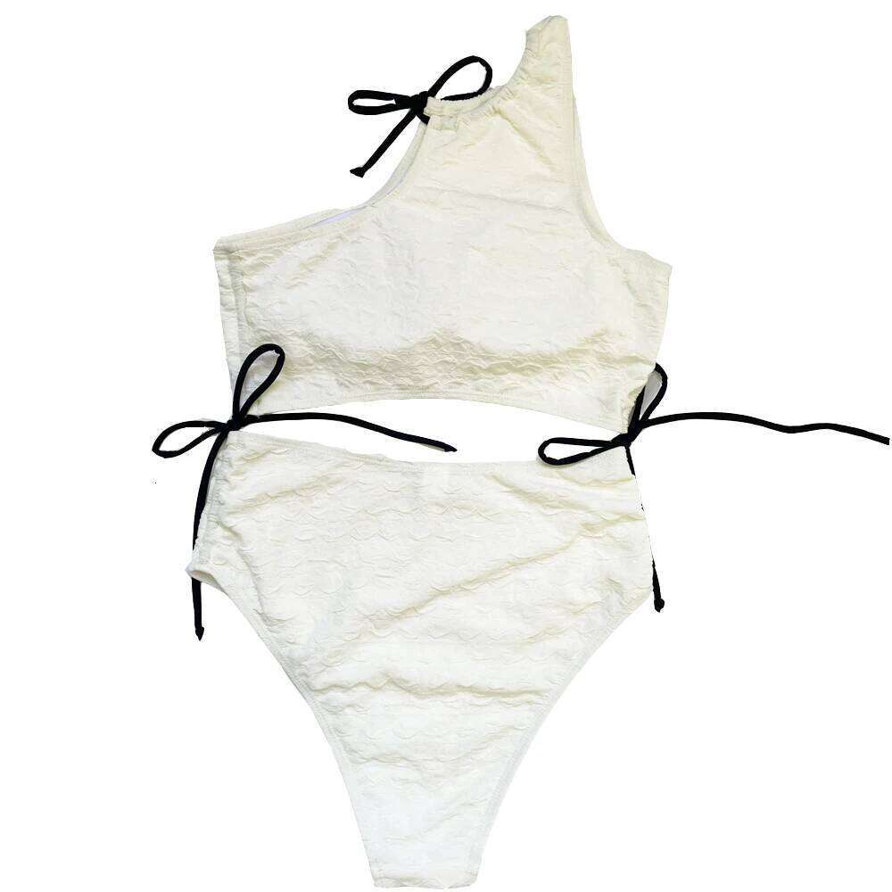 Sexy White High Waist Swimwear String Lace Up Bikinis Sets Woman 2025 Asymmetric Neck Swimsuits Bathing Suit Bikini Mujer Bather XJ260206