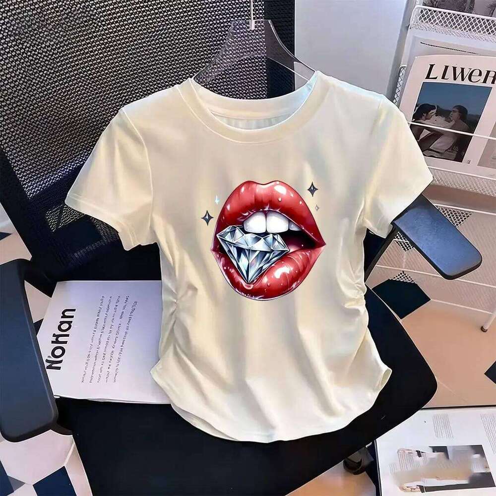 Women's Waist-Defining Elastic T Shirt Red Lips printed Short Sleeve Round Neck top tee Fashionable XJ260306