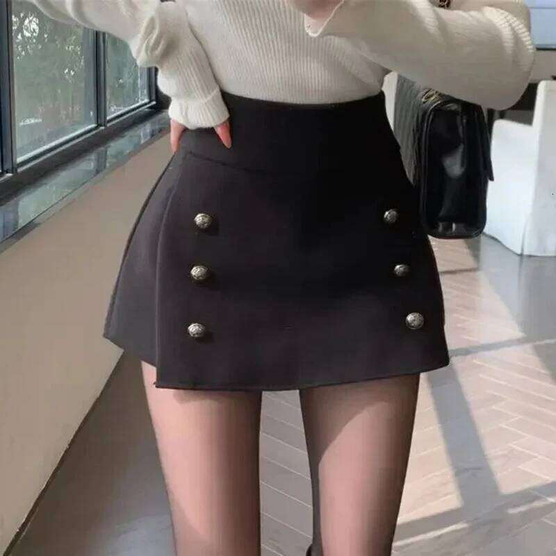 Autumn Winter Casual Solid for Women Elegant Sweet Button Mini Female Y2k Fashion High Waist A-Line Skirts New XJ260309