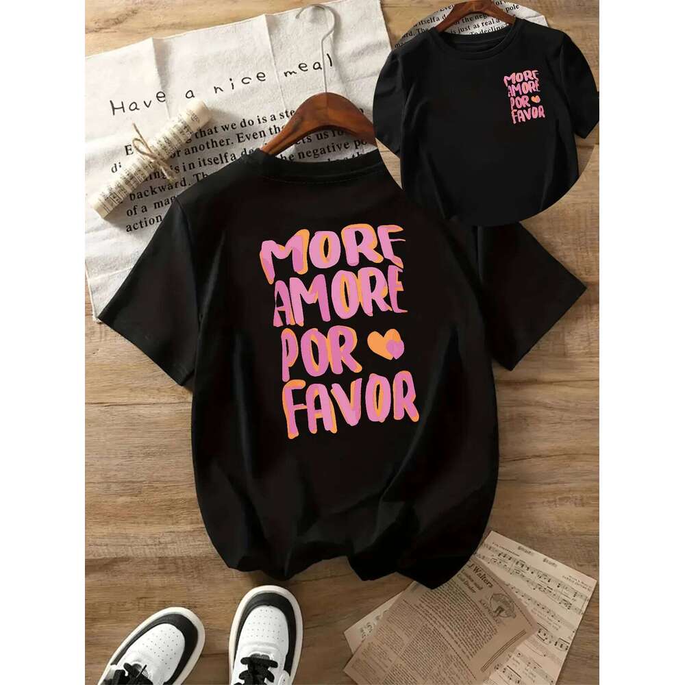 MORE AMORE POR FAVOR Women's Crew Neck T-Shirt Pink Print with Hearts Harajuku Short Sleeve Casual XJ260306