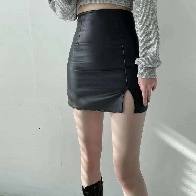 Xpqbb Balck PU Leather Mini Women Sexy Skinny High Waist Side Split Hip Skirts Autumn New Korean Office Lady Short Skirt XJ260309