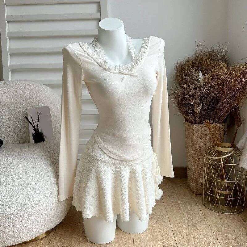 Spring Autumn Winter Women White Short Japanese Fashion Female High Waist Knitted Skirts Ruffled A-line Mini Skirt XJ260309