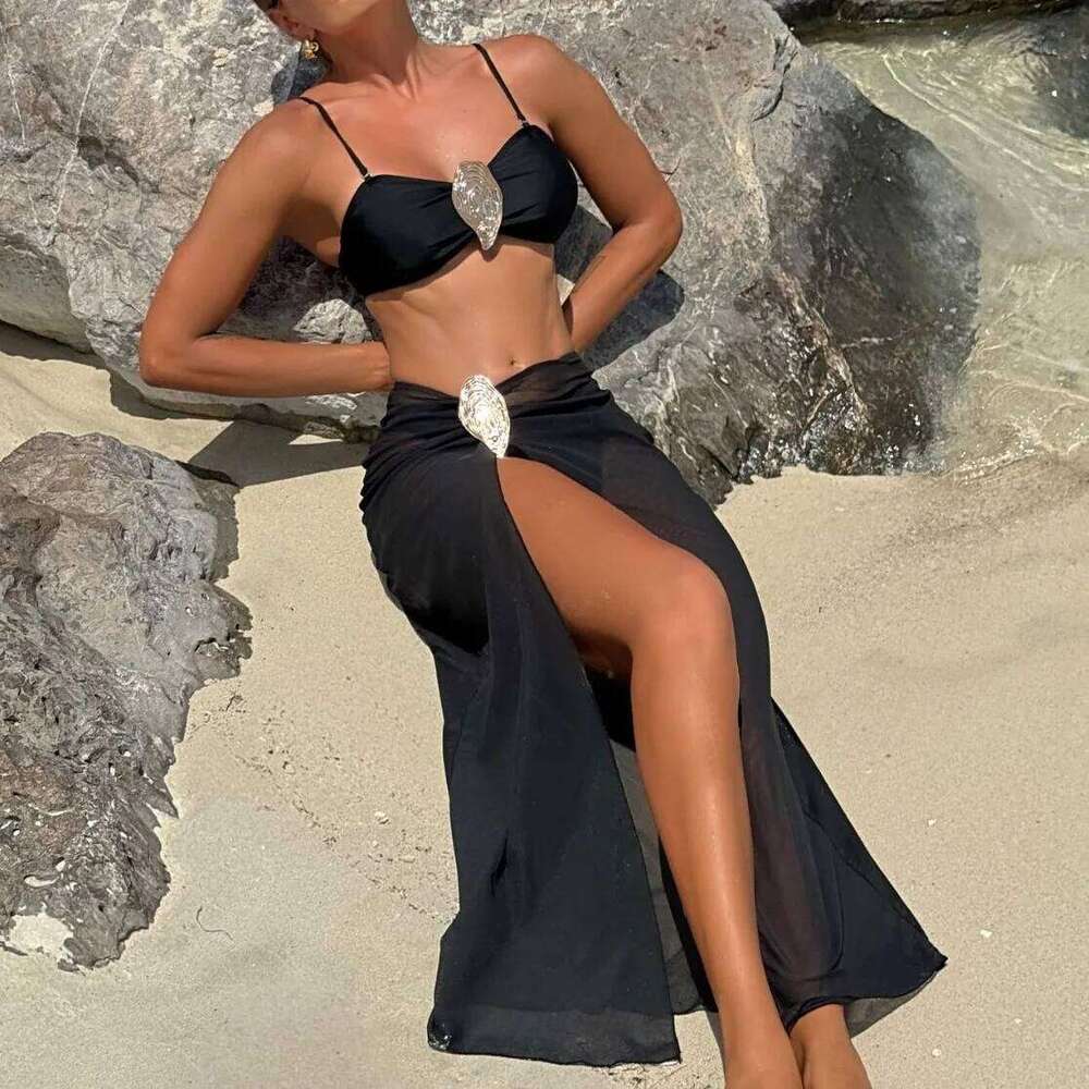 2025 new style with solid color metal three-piece split swimsuit bikini set XJ260206