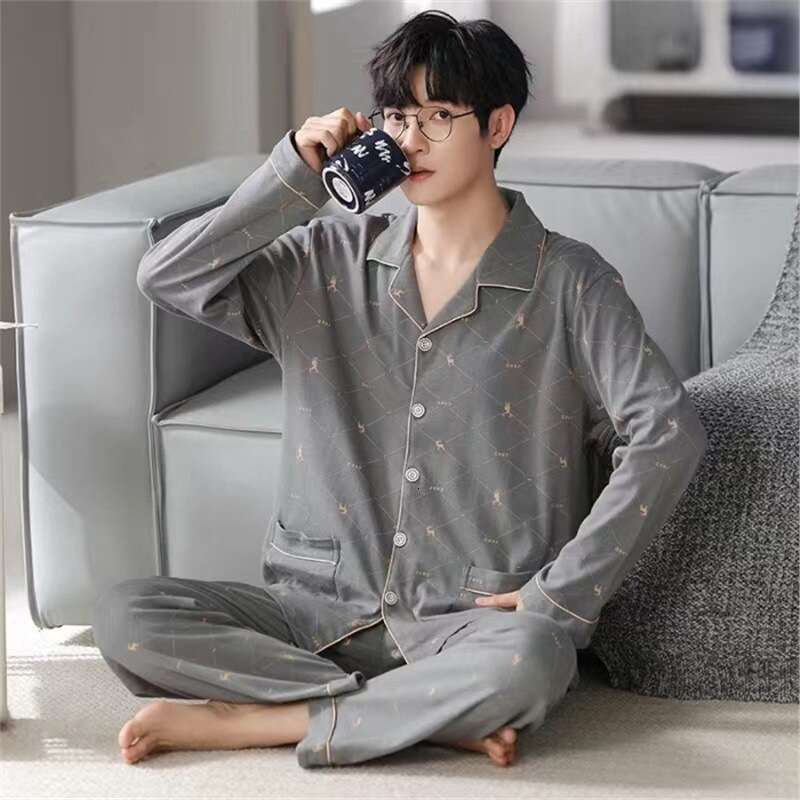 Men's Pajamas Spring Autumn, New Pure Cotton Cardigan With Sleeves And Long Pants, Korean Style Casual Home Set Suitable For Outdoor Wear