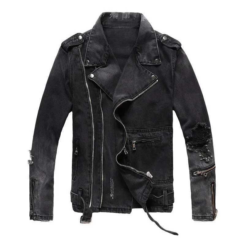 Mens Jacket Zippers Black Denim Jean Biker Jacket Motorcycle Vintage Epaulet Holes Ripped Distressed Coat for Men M260309