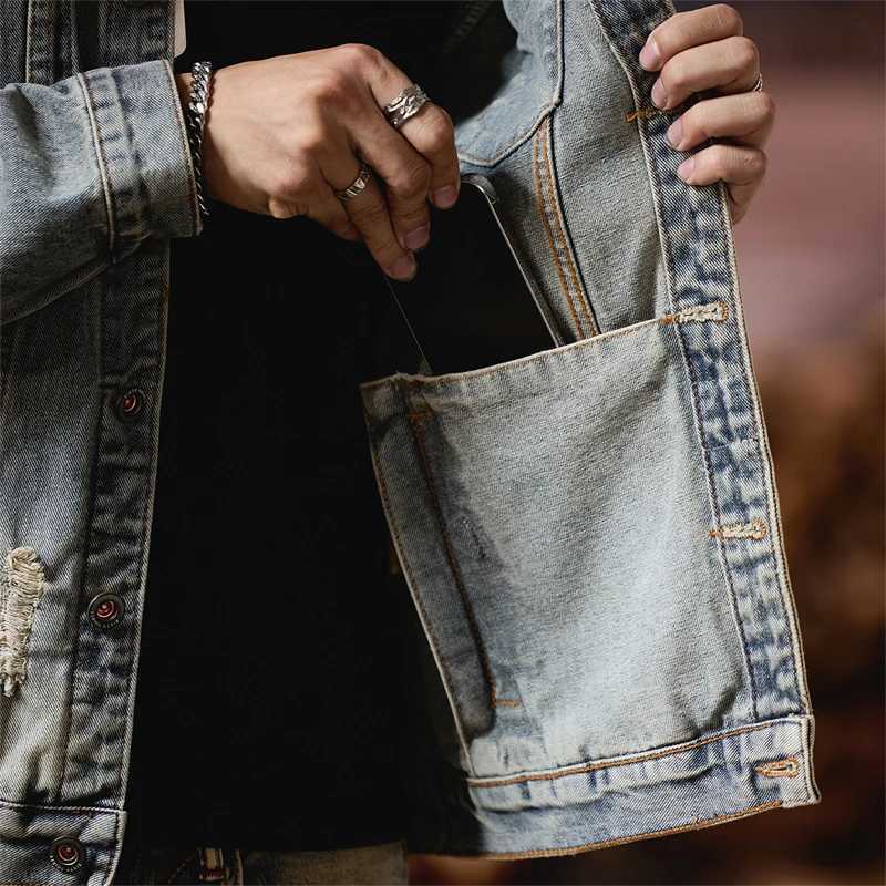 2025 Retro Hole Denim Jacket Mens Spring Autumn New Trend Brand Cool American Retro Style Casual Jacket for Men M260309