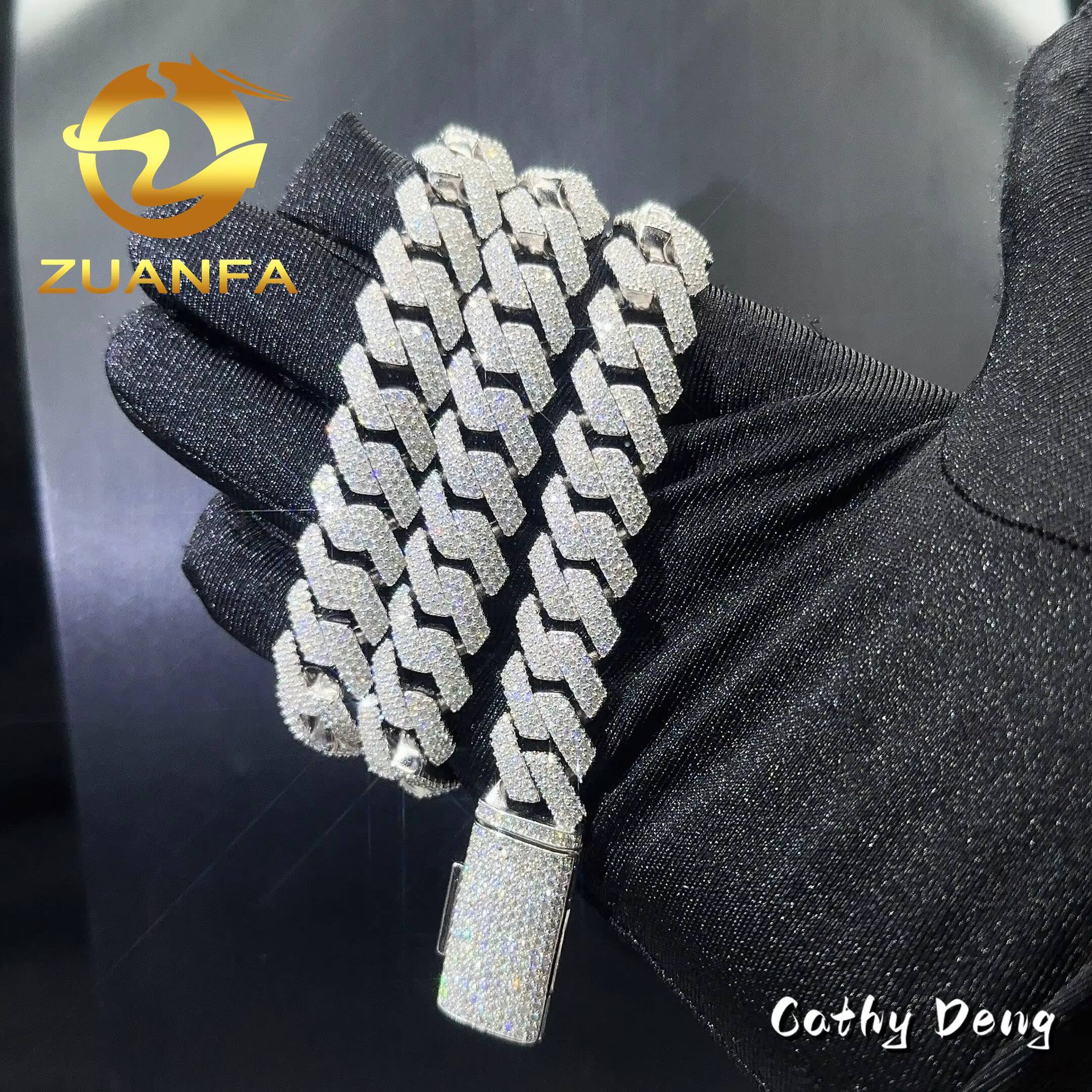 Wholesale Price 14mm 3Rows Moissanite Cuban Chain 925 Sterling Silver Iced Out VVS Men Cuban Link Chain Necklace