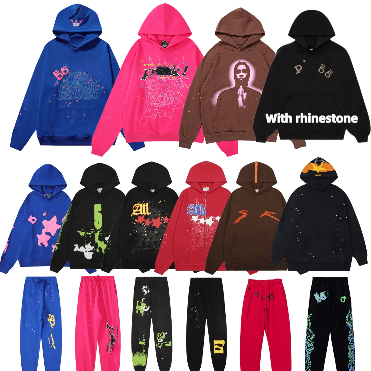 Designer hoodie mens spider hoodie web hoodies women y2k hip hop rhinestone letter puff printed sweatshirts sweatpants street hoody blue black red fashion s-xl dh16