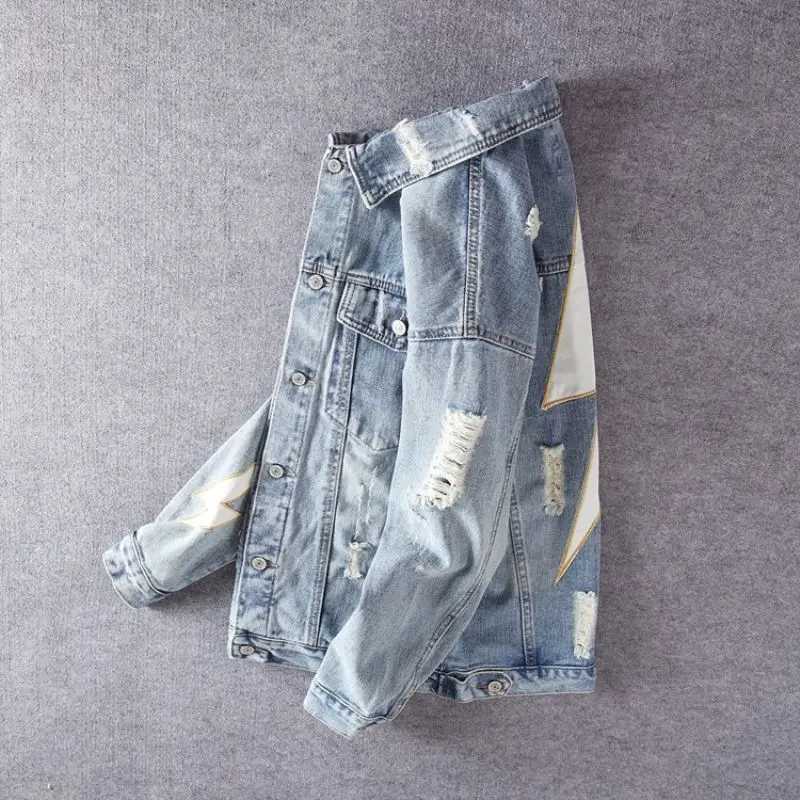 Ripped Cowboy Coat for Men with Print on Board Winter Outerwear Low Price Y2k Designer New in Size L Cost Denim Jackets Man Hole M260309