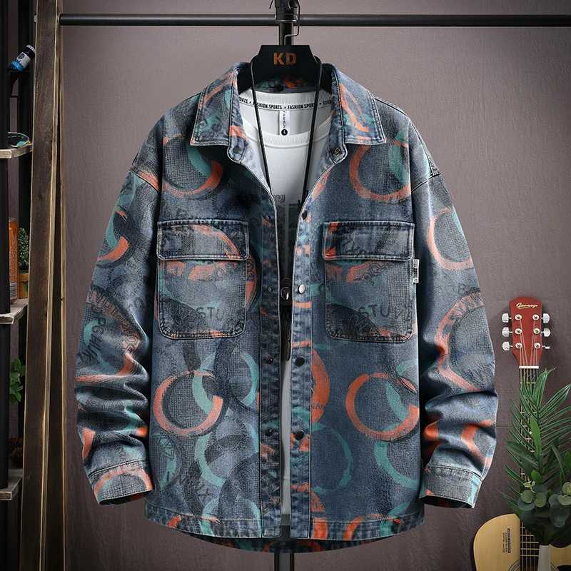 Autumn and Spring New Fashion Trend Print American Streetwear Denim Jacket Mens Casual Loose Sports Outerwear M260309