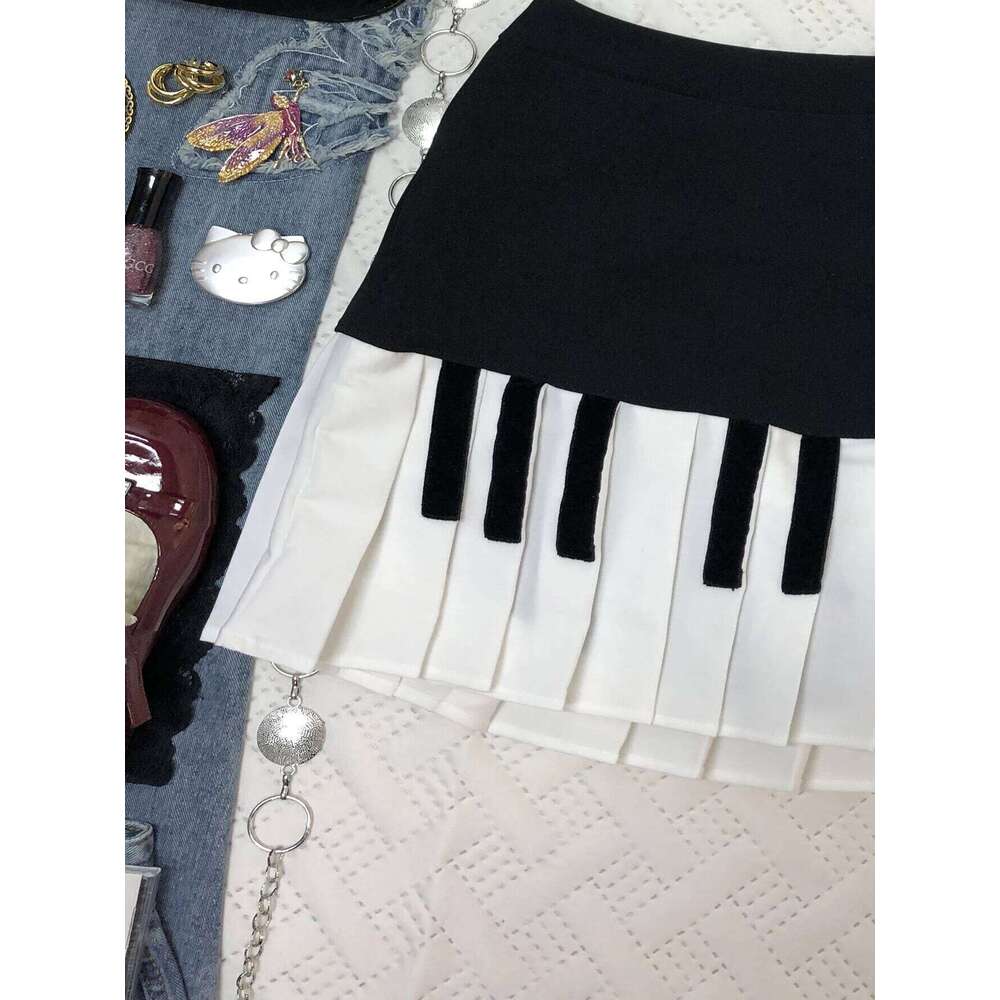 Spring Black White Spliced Women Short 2025 Y2k Slim Design Harajuku Mini Skirt Female Empire Korea Fashion Chic Outfits XJ260309