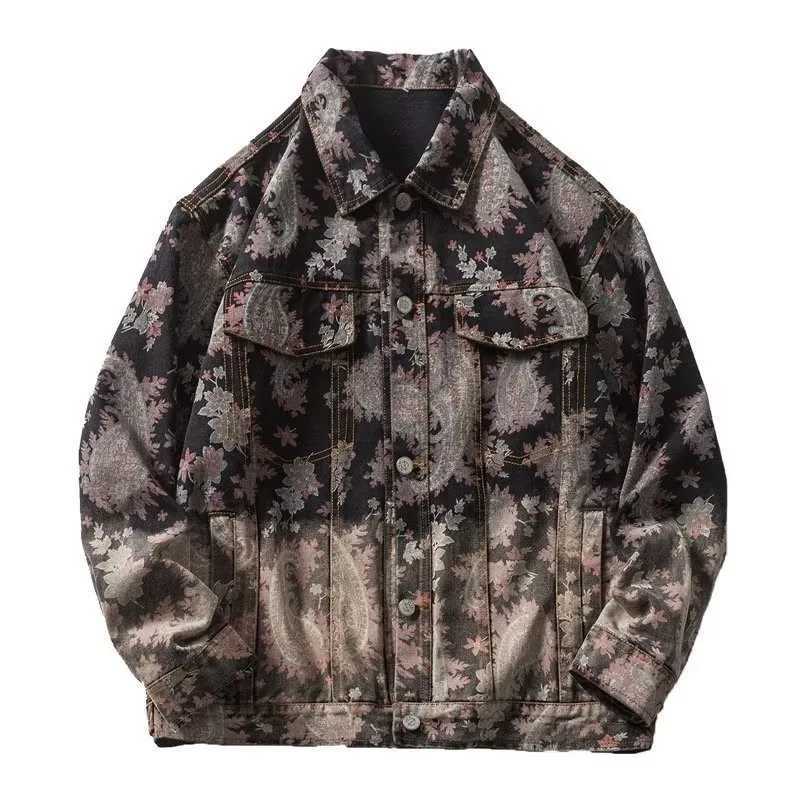 Streetwear Hip Pop Retro Cashew Flower Denim Jackets Mens Clothing 2025 Spring Fashion Outerwear Loose Casual Lapels Jacket Men M260309
