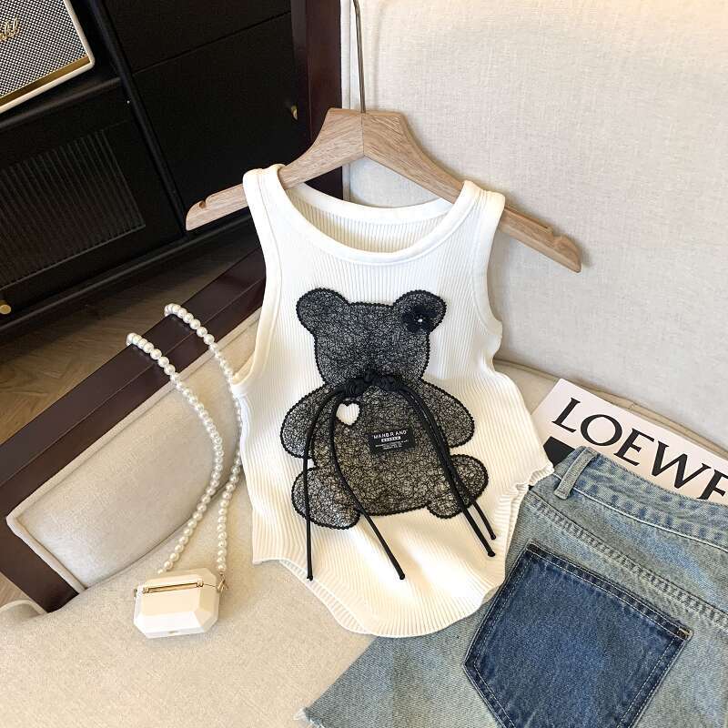 Sweet And Spicy Girl's 3D Bear Knit Vest - New Chinese Style With Traditional Knot Design, Fashionable Camisole Top