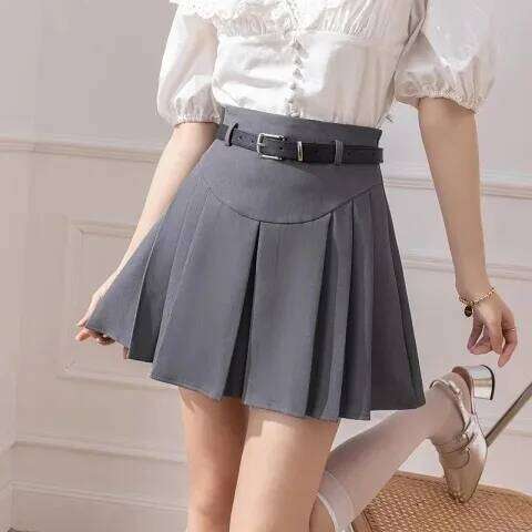 Yitimoky Chic Pleated for Women High Waisted Gray Black Fashion Solid Mini Skirts Spring Summer A Line Skirt with Belt XJ260309