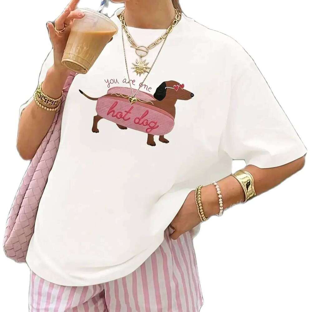 Cartoon Funny Dachshund Print Women's Casual Round Neck Fashionable White T-shirt Suitable for Women in Summer XJ260306