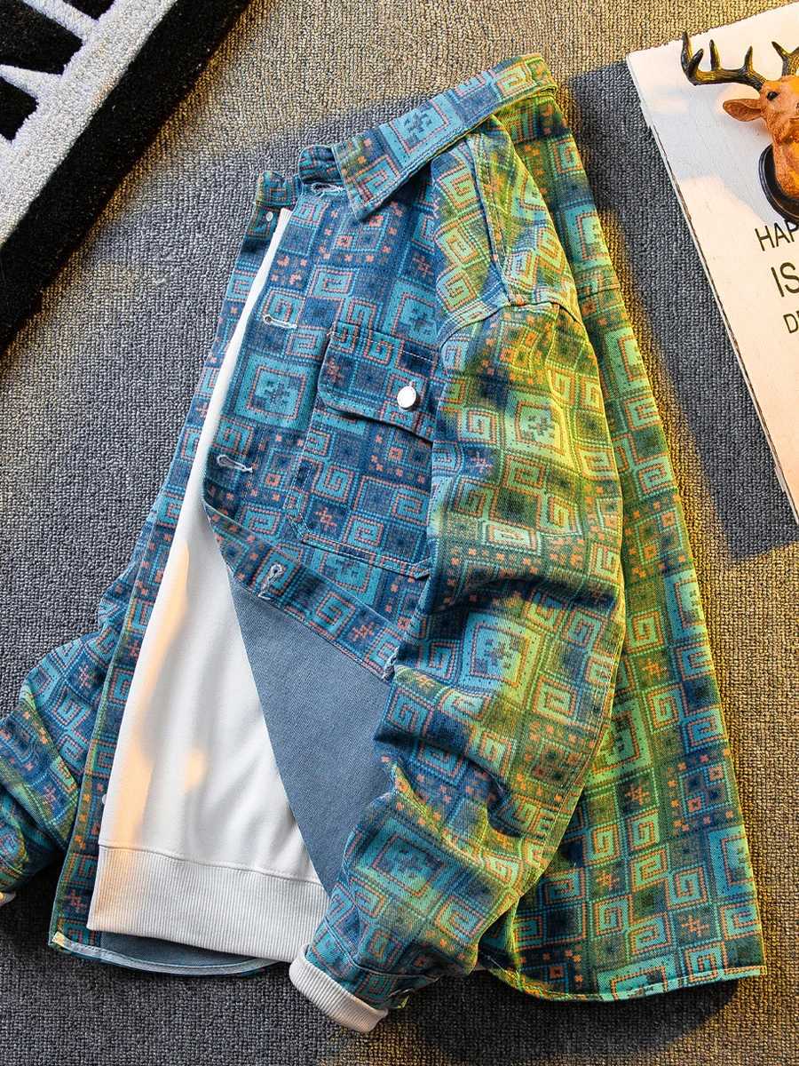 Japanese Printed Denim Shirt Jacket Mens American Fashion Trend Handsome Shirt Mens Casual Jacket Aesthetic d88 M260309