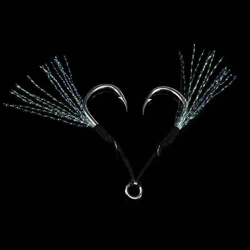 ALLBLUE 4pairs/lot Metal Jig Assist Hook With PE Line Feather Solid Ring Jigging Spoon Saltwater Fishhook for 5-80g Lure S260305