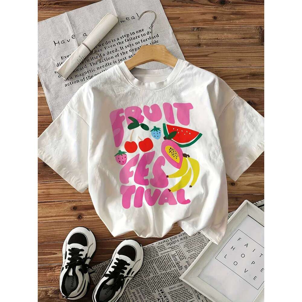 Women's Graphic Print T-Shirt Short Sleeve Crew Neck Casual with Vibrant Fruit Illustrations Lettering Comfort Summer Top XJ260306