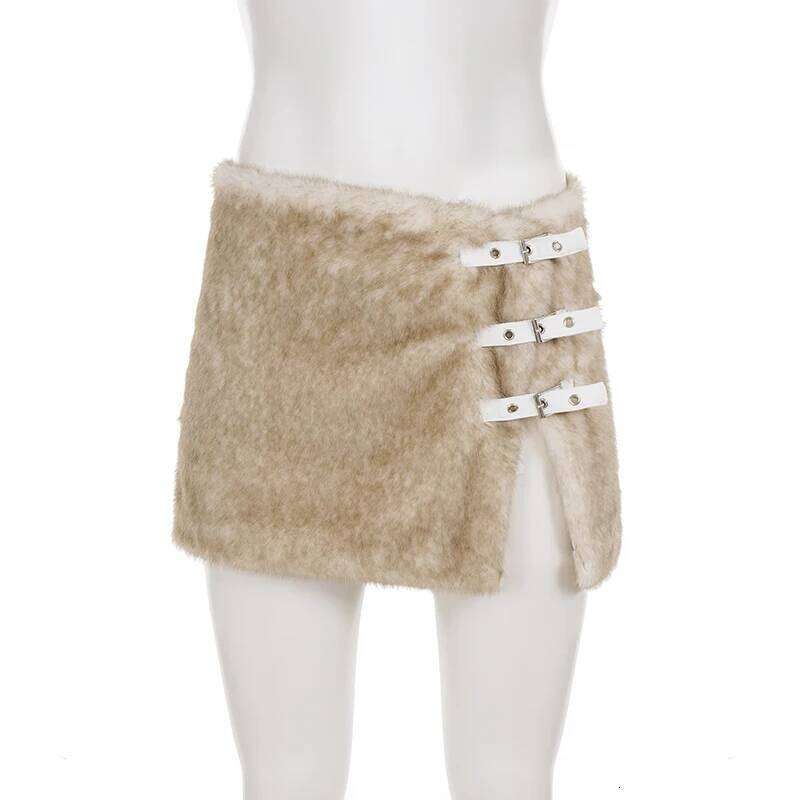 Y2K Sexy Fur Split Mini Buckle Sweet Slim Side Slit Mid-Waisted Bodycon Skirt Casual Streetwear Party Outfit Autumn Winter XJ260309