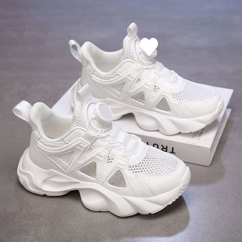 Free shipping Kids Breathable Mesh Sneakers Boys Rotating Buckle No Tie Laces Black white Non-slip Casual Chunky Shoes Spring and summer