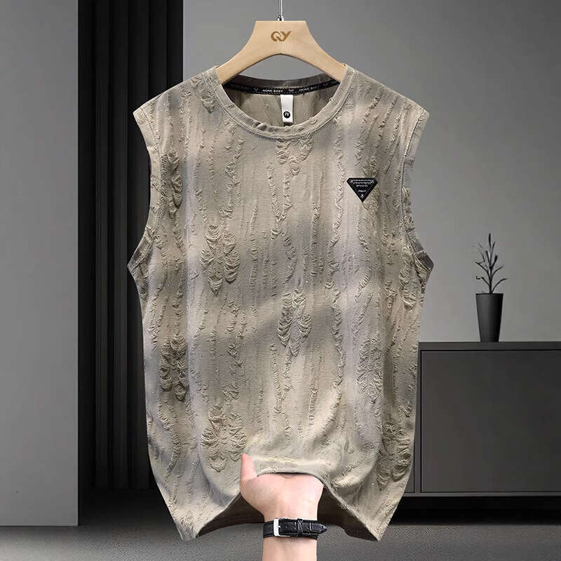 New Summer T-Shirt For Men Trendy Versatile Loose Sleeveless Tee Round Neck Casual Distressed Tank Top