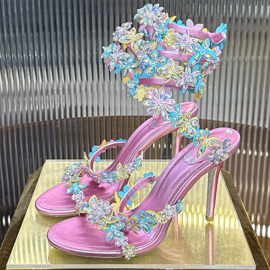 Designers sandals Stiletto Heel shoes for women Fashion luxury crystal rhinestone wrapped foot ring 9.5CM High Heeled Top quality Gladiator Sandal 35-43