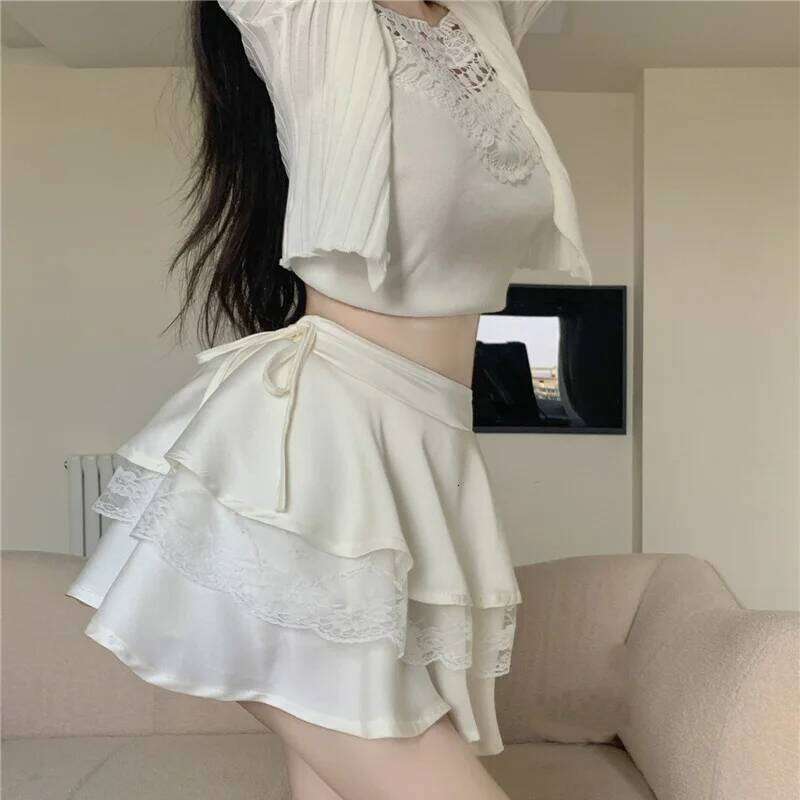 White Mini Skirts Women Lace Patchwork Sweet Ball Gown Sexy French Style Ruched Ruffled High Waist Summer Layered Romantic Gril XJ260309