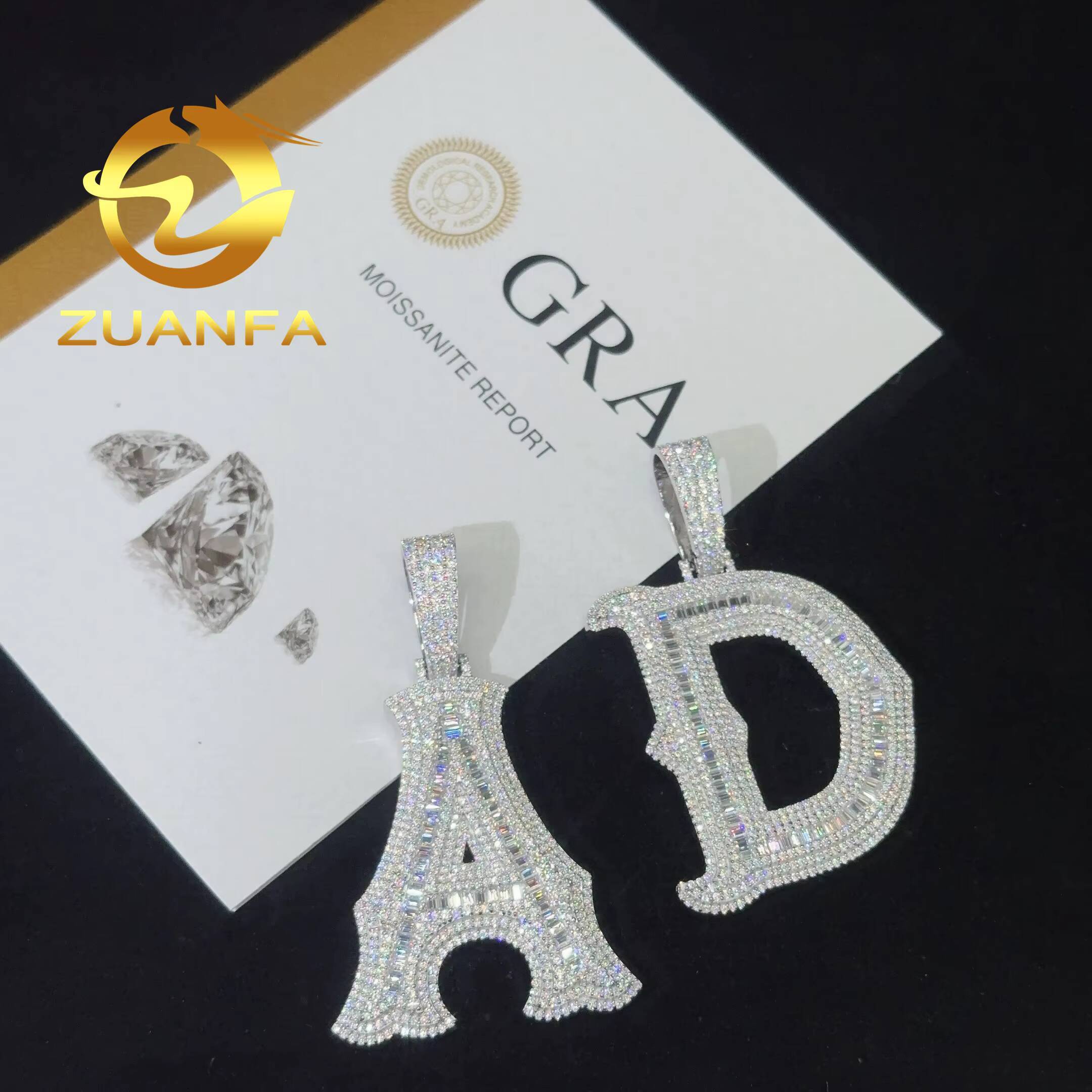 New Custom Iced Out Letter Pendant 925 Silver Baguette Cut VVS Moissanite Hip Hop Letter Pendant Necklace Pass Diamond Tester