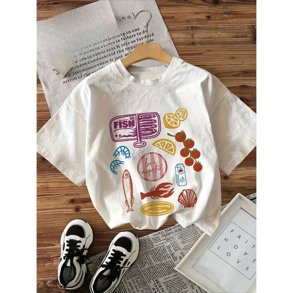 Women Seafood Fruit Pattern Print Casual Short Sleeved Tshirt Vintage Female Clothing Graphic Tshirts Y2K Top XJ260306