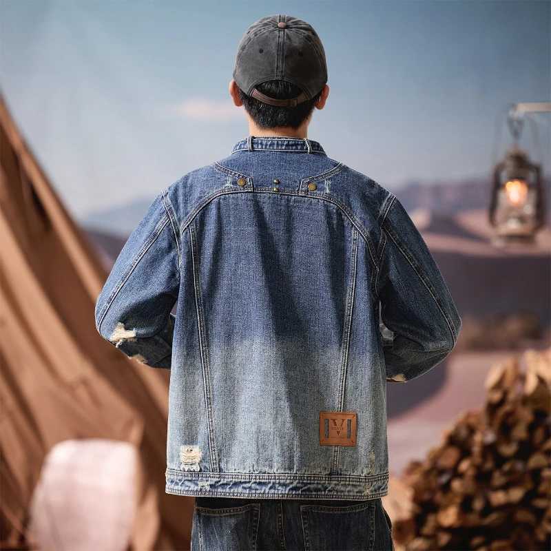 2025 American Style Retro Color Motorcycle Denim Jacket Mens Spring and Autumn Personalized Splicing Stand Up Collar Denim Jack M260309