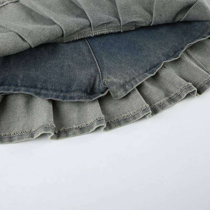 Vintage Low Waist Mini Denim 2025 Summer Fashion Square Buckle Big Belt Pleated Skirt XJ260309