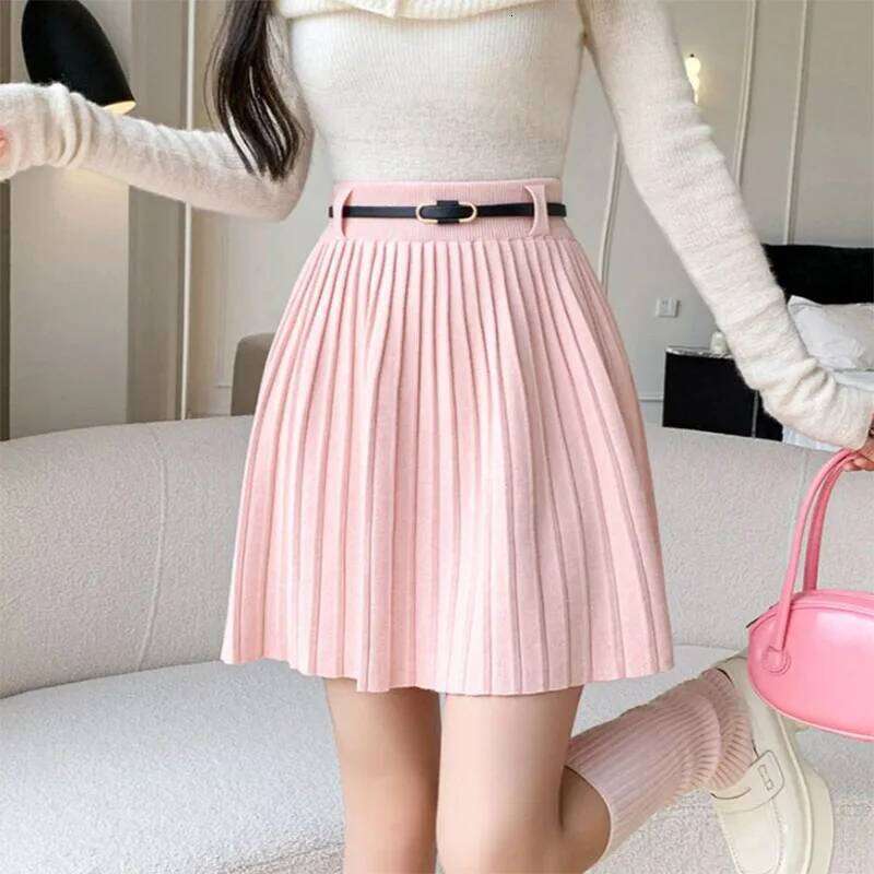 Autumn Winter Knitted Pleated Women Korean Fashion High Waist A-Line Skirts Ladies Elegant Streetwear Gray Mini Skirt XJ260309