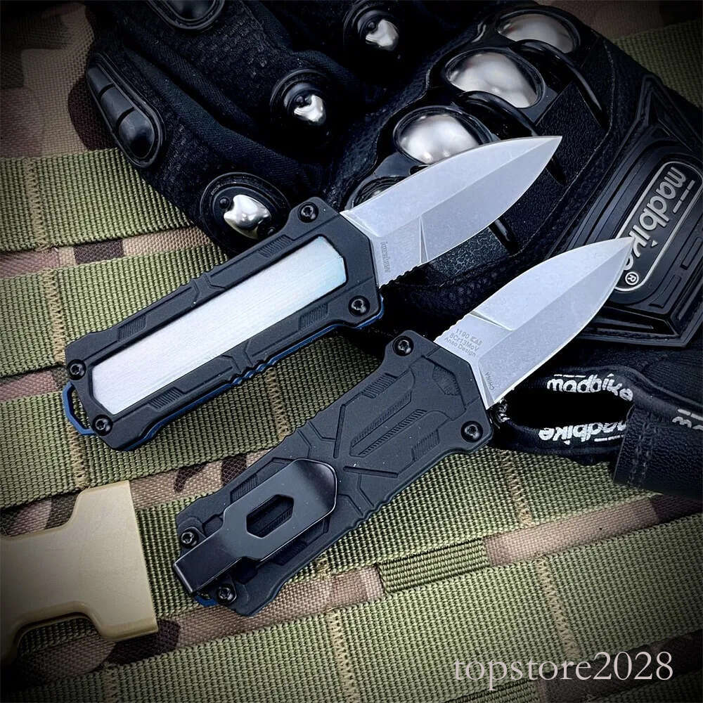 NEW 1190 Jens Anso pocket knife Kapsule OTF Tactical Pocket Knife 1.9 Stonewashed Spear Point Blade Black Nylon Fiber Handles Outdoor Hunting Survival
